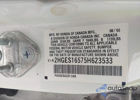 2005 Honda Civic Lx z USA, uszkodzony, nr VIN 2HGES16575H623533